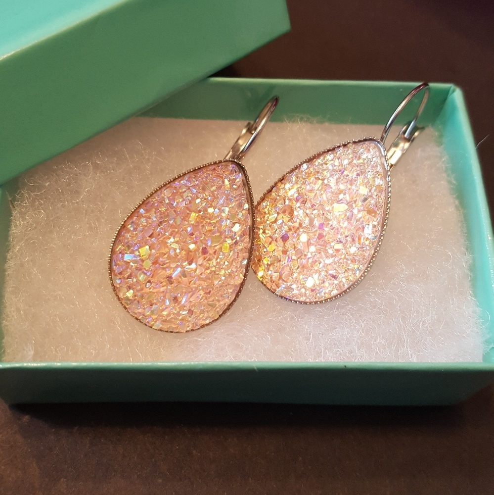 Pale Peach Pink Teardrop Druzy Earrings